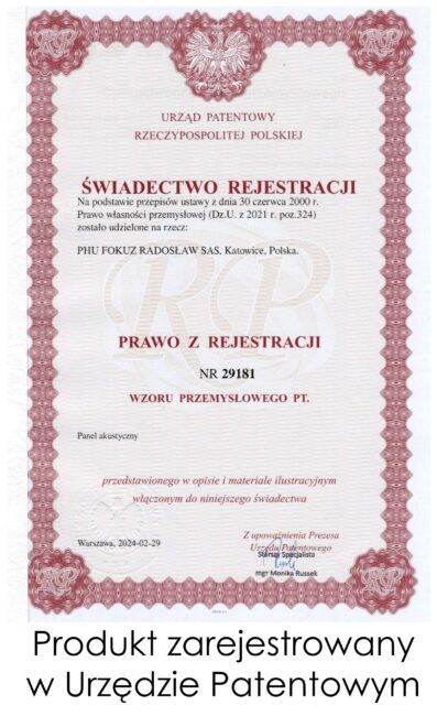 świadectwo ochronne potwierdzające rejestrację w urzędzie patentowym produktu jakim jest panel akustyczny firmy Akustonic